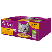 WHISKAS Adult pouch 80 x 85 g Poultry Feast – wet food for adult cats, in jelly (pieces with: chicken, duck, poultry, turkey)