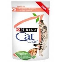 no pork Purina Cat Chow Sensitive Food with Salmon and Courgette in Sauce 85g