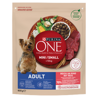 no pork Purina One Mini/Small Adult Dog Food Beef & Rice 800g